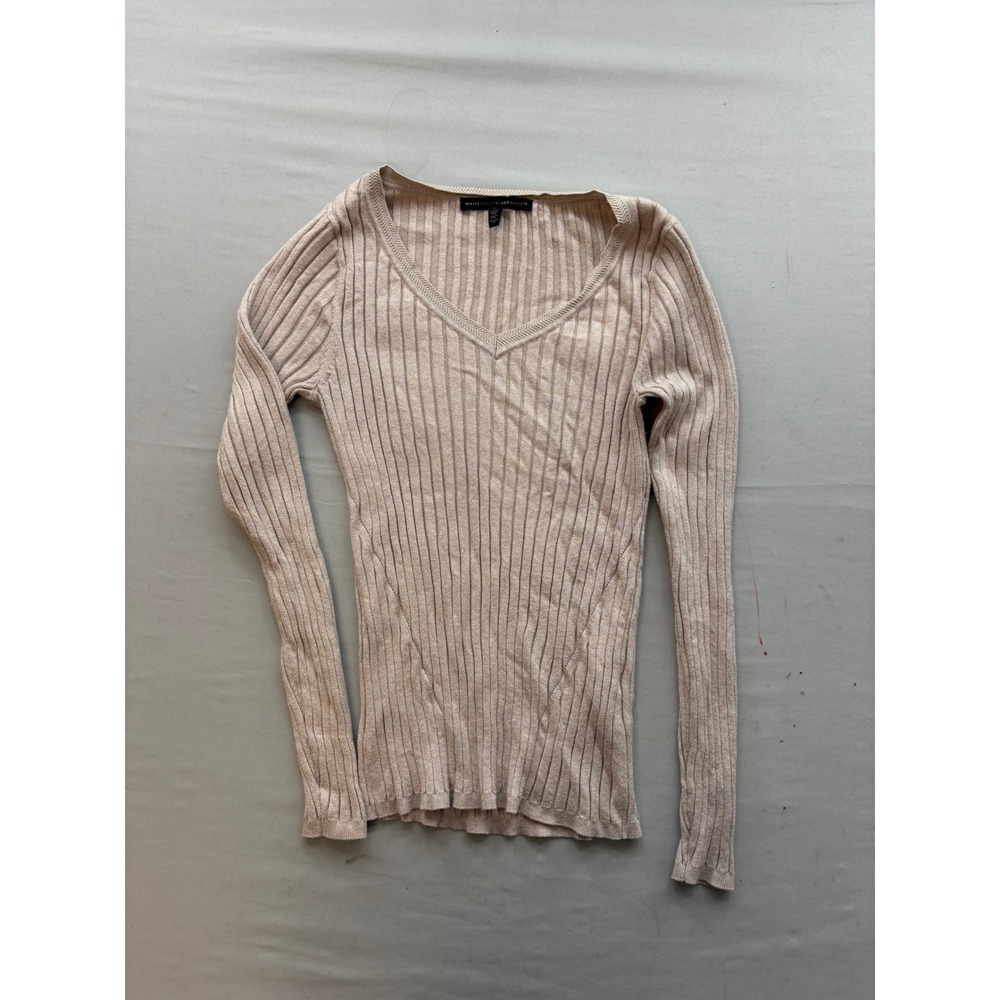 White House Black Market Metallic Ribbed V-Neck Sweater Champagne Beige Medium
